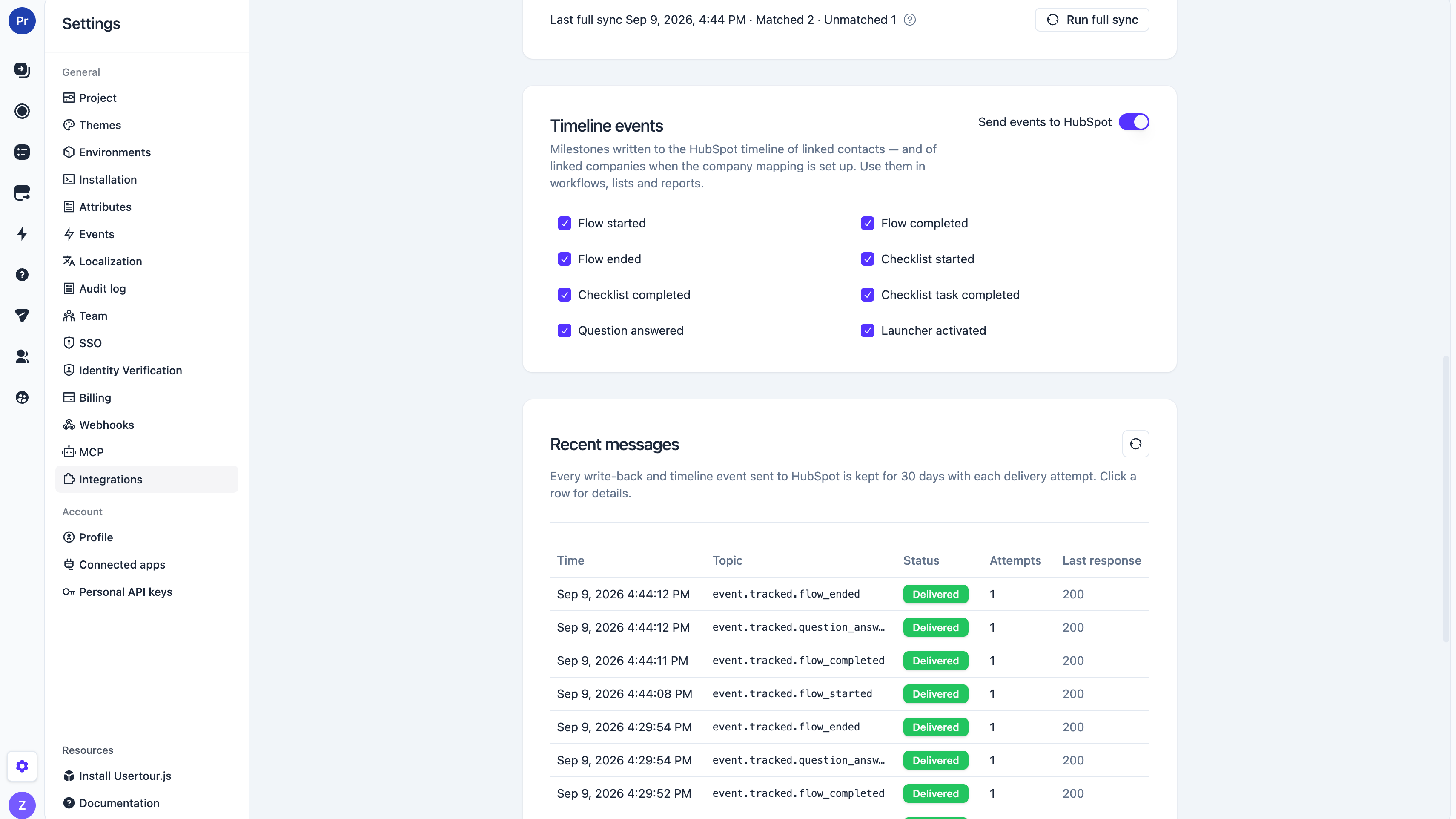 The Timeline events card: choose which onboarding milestones are sent to HubSpot